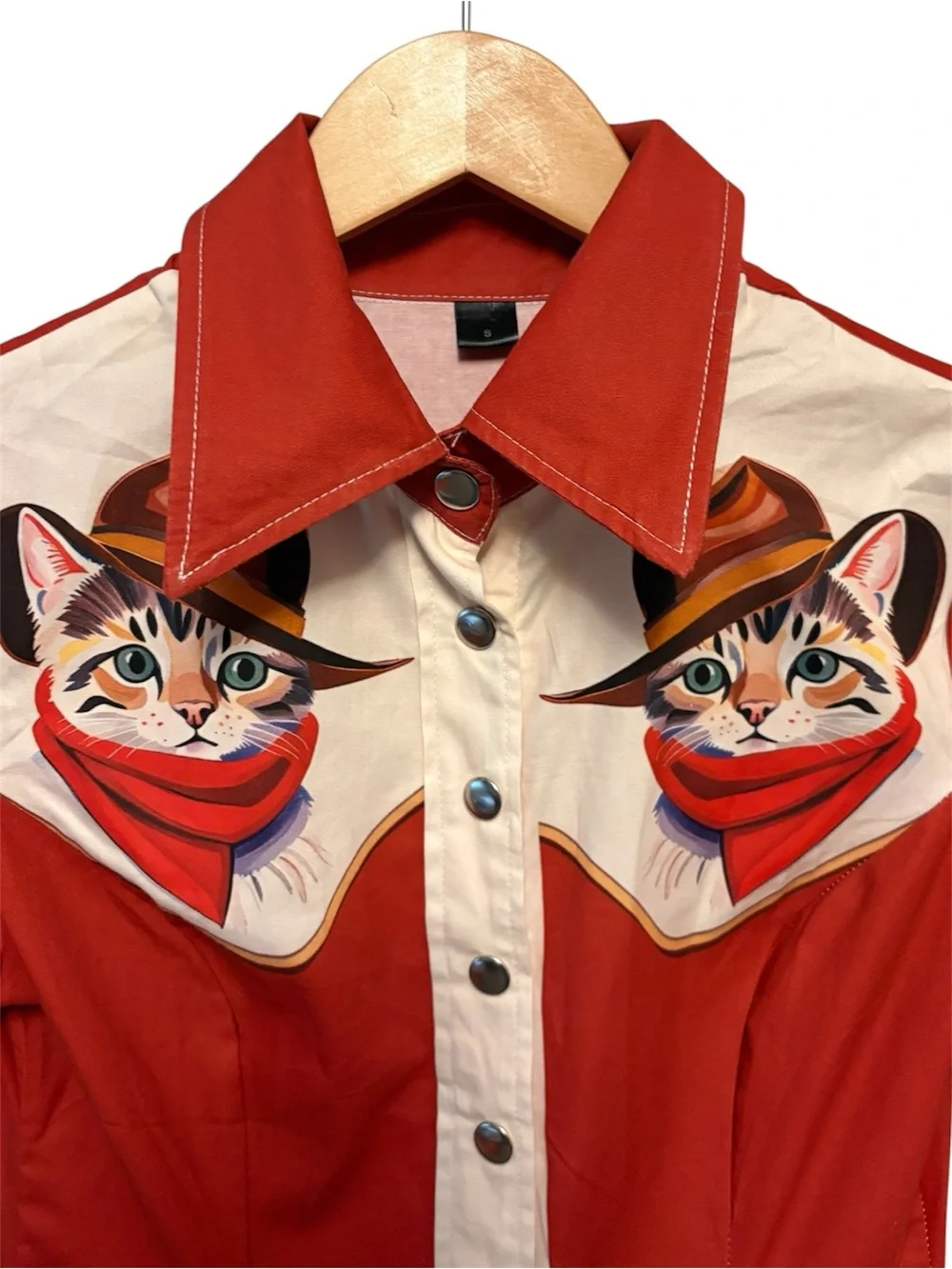 A Western Cute Cat Cowboy Red Cotton Metal Snap Front Dress, Womens size Small
